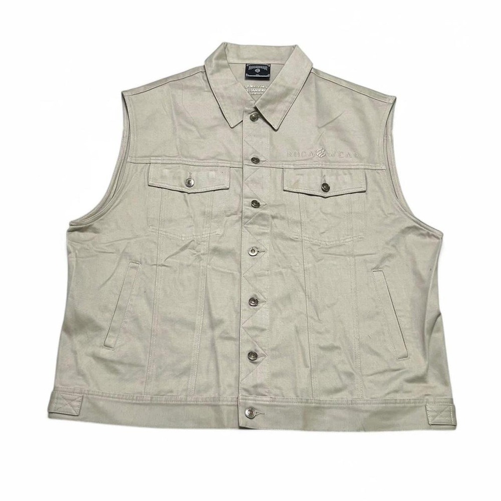 Rocawear Vest Mens 2XL Tan Vintage Y2K Denim Trucker Embroidered Logo Khaki